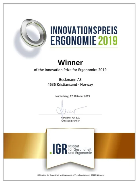 Certifikát Innovationspreis Ergonomie 2019 pro BECKMANN