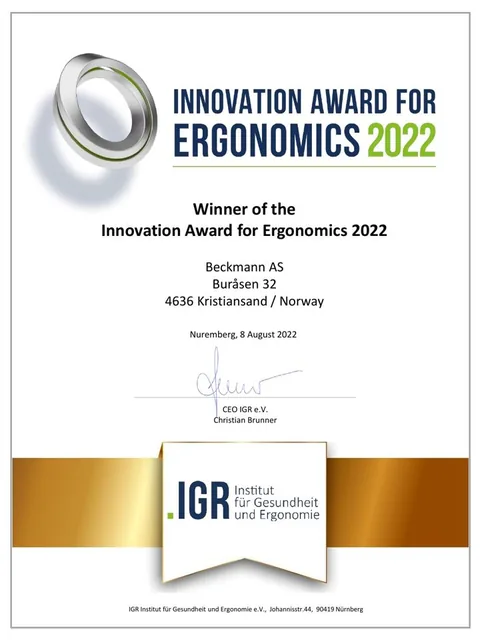 Certifikát Innovation Award for Ergonomics 2022 pro BECKMANN